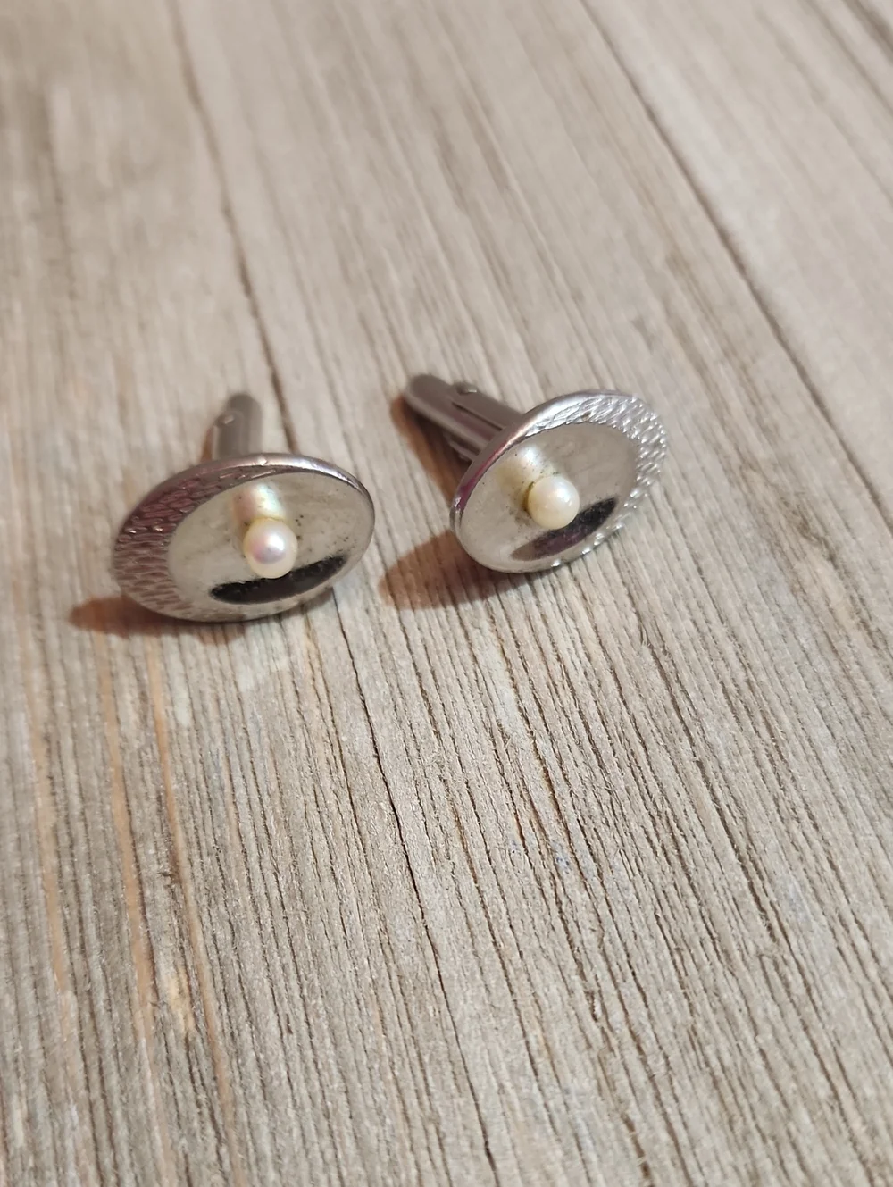 Vintage Swank Silver Tone Pearl Accent Oval Cufflinks